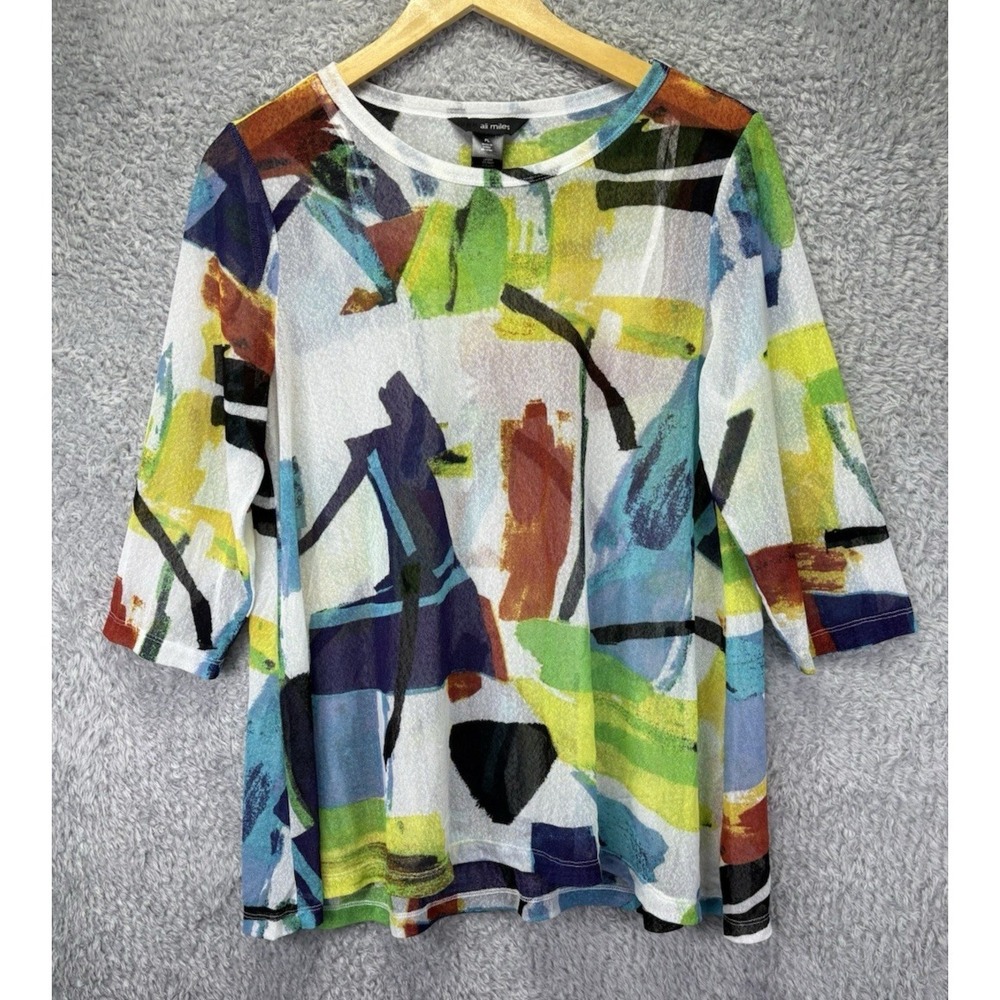 Ali Miles Petite Large Artsy Geometric Print Top Sheer 3/4 Sleeve Boutique Mesh
